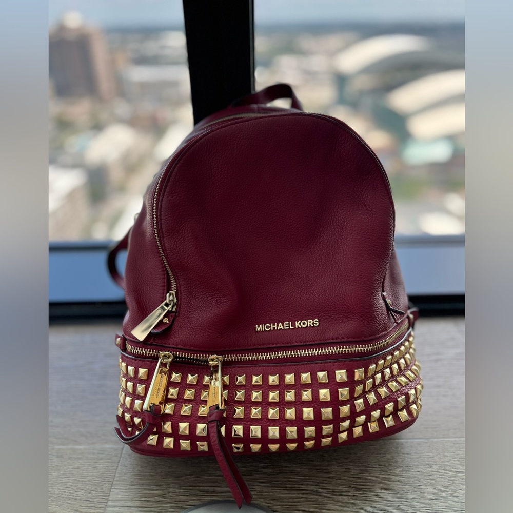 Micheal Kors Gold Studded Red Pebbles Leather Bagpack